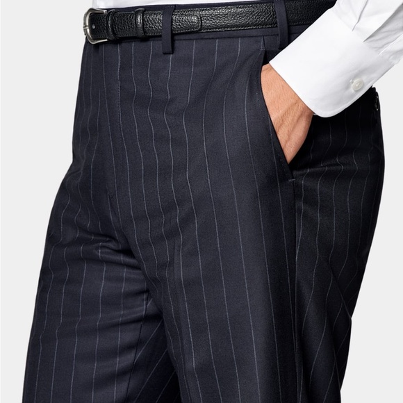 Suitsupply Blake Flat Front Trousers Flannel Navy Blue Striped Pinstripe Size 32 - Picture 1 of 11